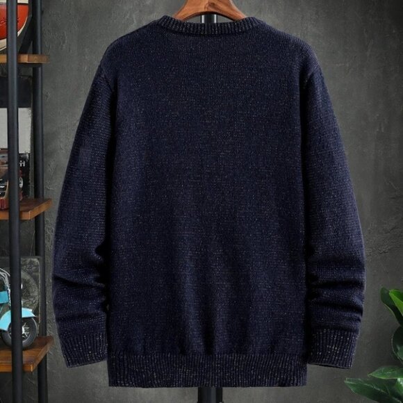 Casual Navy Blue Men Solid Color Sweater - Picture 2 of 4